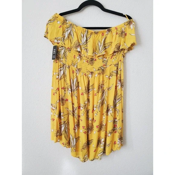 NWT Express Womens L Yellow Floral Off-the-Shoulder Smocked Ruffle Mini Dress - Picture 5 of 8